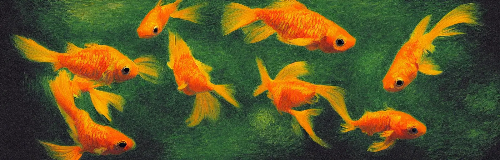 Image similar to An aesthetically pleasing, dynamic, energetic, lively, well-designed digital art of goldfish in a pond viewed from underwater, light and shadow, chiaroscuro, by Claude Monet and Vincent Van Gogh, superior quality, masterpiece, excellent use of negative space. 8K, superior detail, widescreen.