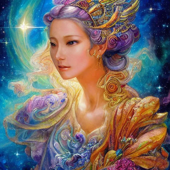 Image similar to a goddess of hubble space telescope images checking her phone, magic realism, art by josephine wall, art by huang guangjian, art by viktoria gavrilenko, art by amanda sage, trending on artstation