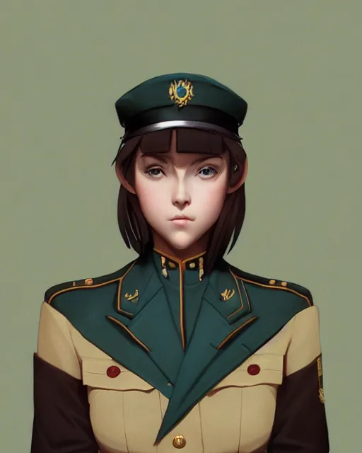 Image similar to symmetrical portrait bust of young woman with shoulder length light brown hair and hazel eyes dressed in a sharp dark teal military uniform and beret, anime, ilya kuvshinov, greg rutkowski, guweiz, ross tran, loish, svetlana tigai, artgerm, artstation trending, concept art, digital painting
