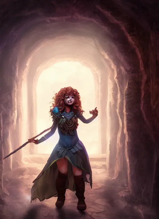 Image similar to an epic fantasy comic book style portrait painting of a girl wearing fantasy makeup with a mischievous smile and curly brown hair stepping out of a doorway with light shining behind her, unreal 5, daz, hyperrealistic, octane render, cosplay, rpg portrait, dynamic lighting