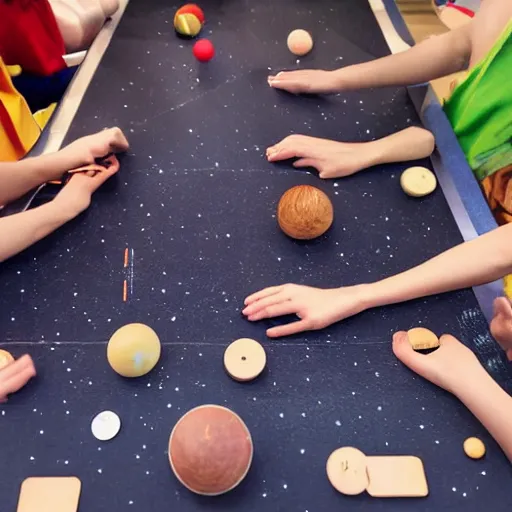 Image similar to overhead shot of an innovative space themed card game being played on a wooden table