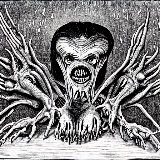 Image similar to photograph of a dangerous shape shifting alien creature, with multiple mutated snarling drooling human faces with a grotesque variety of gorey human and animal limbs protruding from its lower torso inside a lab in the style of an horror film, trending on art station, in the style of John Carpenter's The Thing 1982