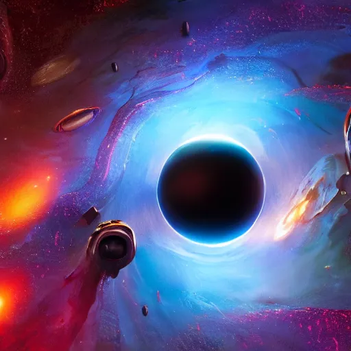 Image similar to glowing glorious 3D black hole in movie, intergalactic, space theme, galaxy colored, hyperdetailed, digital painting, trending on Artstation, cel-shading style, CG society, hyperdetailed, digital painting, hypermaximalist, golden ratio, volumetric, octane render, weta digital, micro details, 3d sculpture