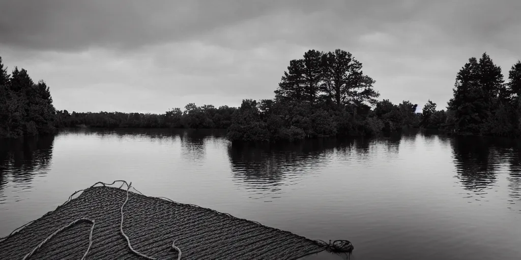 Prompt: a infinitely long thick rope zig - zagging snaking across the surface of the water into the distance, floating submerged rope stretching out towards the center of the lake, a dark lake on a cloudy day, atmospheric, color film, trees in the background, hyper - detailed photo, anamorphic lens