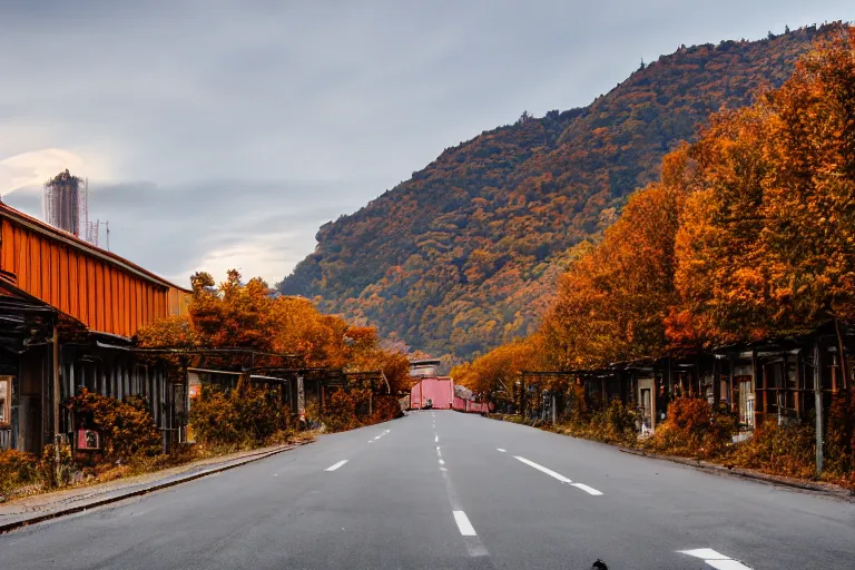 Image similar to warehouses lining a street, with an autumn mountain directly behind, radio tower on mountain, lens compressed, photography