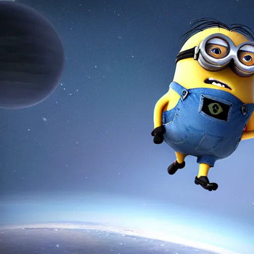 Prompt: minion in space, in front of a rocket, chasing a banana, hyperrealistic render, highly detailed, 4k, artstation