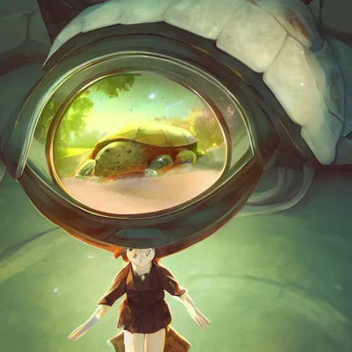 Prompt: portrait of an excited turtle, ghibli, cartoon, anime, hdr, artstation, sharp, focus, illustration, anna dittmann, ilya kuvshinov, nikolay makovsky