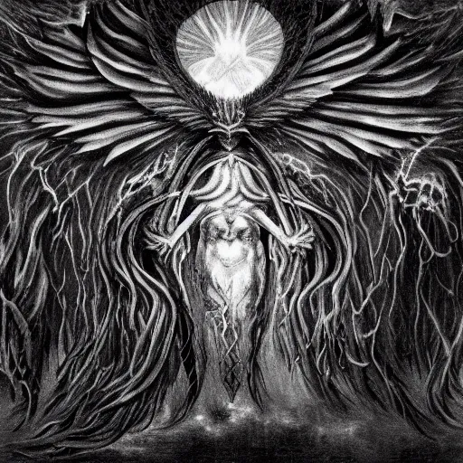 Prompt: an ancient eye wreathed in flame, wings of demons, dance the edge of sanity, behold the abyssal depths