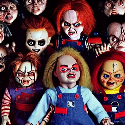 Image similar to Chucky the killer doll from the movie Child's Play surrounded by an army of evil dolls, movie still 8k hdr