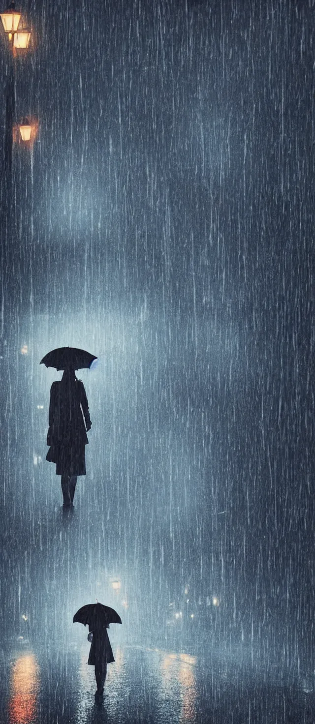 Image similar to lonely girl with umbrella on the wet road, rain, thunder, fog, night street, anime style