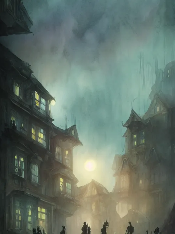 Prompt: a group of urban fantasy adventurers approach a tall and foreboding haunted house at sunset, teal spectral denizens rise from windows, detailed realistic watercolor by greg rutkowski and kwanchai moriya, haunting, ominous, exciting, solemn, lightning study