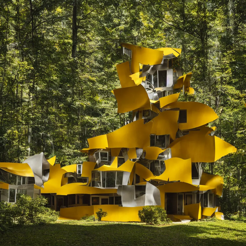 Image similar to architecture ad for a flat mid-century modern house in the forest, designed by Frank Gehry. Film grain, cinematic, yellow hue