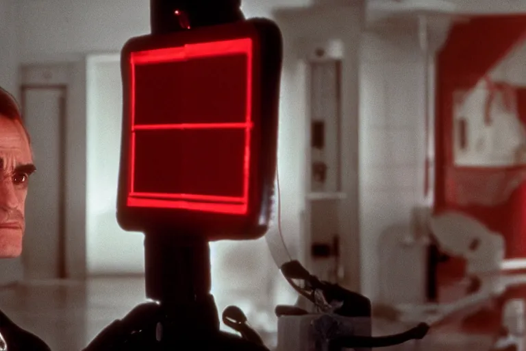 Image similar to a scene from the movie dead ringers with jeremy irons, cinematic lighting, black and red contrast, medical equipment