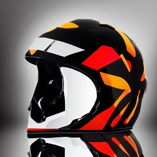 Prompt: photo of a glossy black marble statue of a girl with colorful motocross logos and motorcycle helmet with reflective mirrored visor, carved marble statue, fine art, in the style of virgil abloh, 8 k, 4 k, detailed, realistic, beautiful, symmetrical