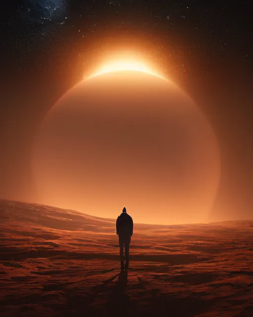 Image similar to a person standing in front of a glowy open door that's on a barren moon, poster art by mike winkelmann, trending on cg society, space art, sci - fi, ue 5, futuristic, volumetric lighting, light casting onto the ground, neat composition and camera angle