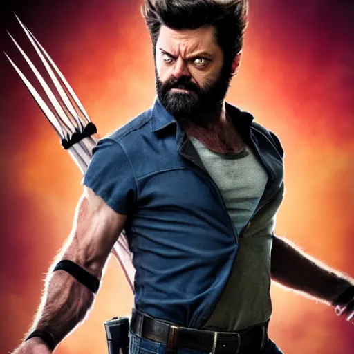 Prompt: logan wolverine pictured as nick offerman, x - men marvel movie still, imdb, detailed, 8 k, poster photosession style, deviantart and artstation top picks