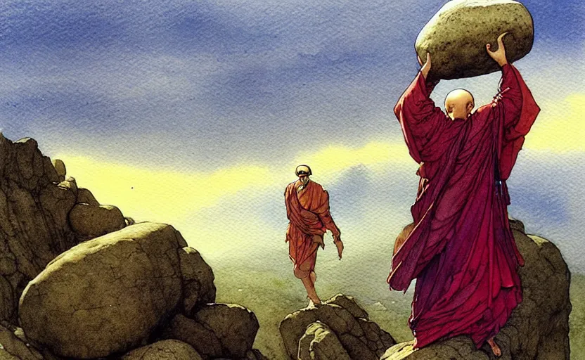 Prompt: a hyperrealist watercolour concept art of a monk holding a huge rock over his head. it is a misty night on the moors of ireland. by rebecca guay, michael kaluta, charles vess and jean moebius giraud