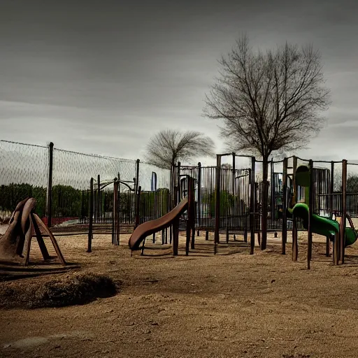 Image similar to an abandon playground with a tall dark figure in the background, liminal, dark, highly detailed,