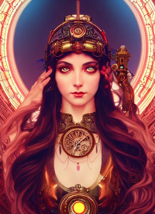 Image similar to the goddess athena smirking, steampunk, glowing eyes, volumetric lights, red and cyan theme, art nouveau botanicals, intricate, highly detailed, digital painting, artstation, concept art, smooth, sharp focus, cinematic, illustration, beautiful face, art by artgerm and greg rutkowski and alphonse mucha
