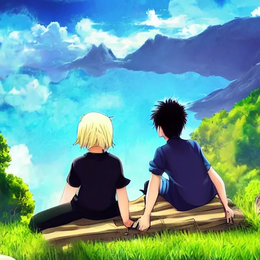 Image similar to digital art, anime, boy and girl sitting on the ledge of a mountain having a picnic with a beautiful view, creative, concept