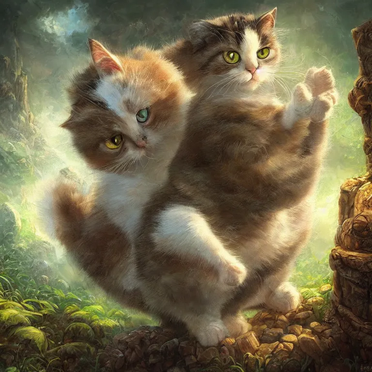 Image similar to cute chubby calico cat with large green eyes and by Justin Gerard, fantasy art, 4k