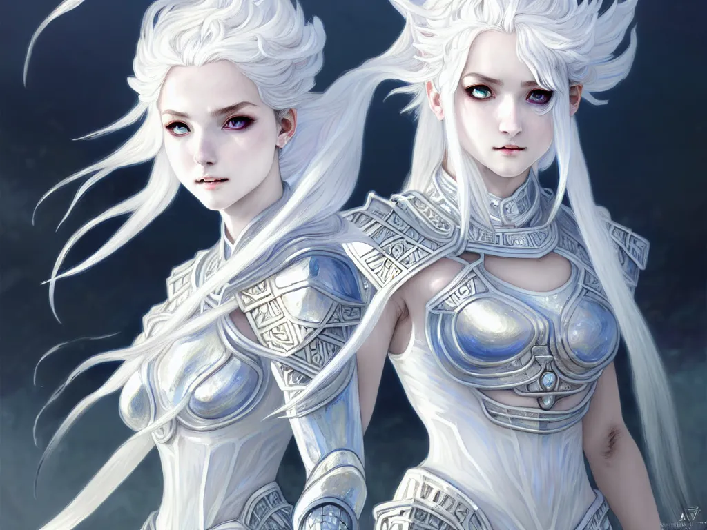 Image similar to portrait white hair knights of zodiac girl, matt white ice color armor, in ruined agora of athens sunrise, ssci - fi and fantasy, intricate and very beautiful and elegant, highly detailed, digital painting, artstation, concept art, smooth and sharp focus, illustration, art by ayanamikodon and tian zi and alphonse mucha and wlop