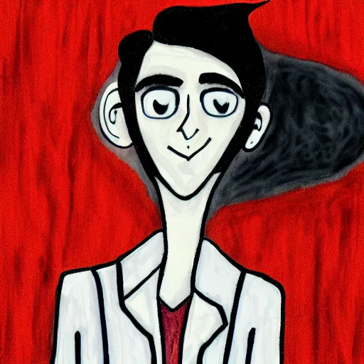 Image similar to young man portrait, black hair, skinny, sleep deprived, corpse bride art style