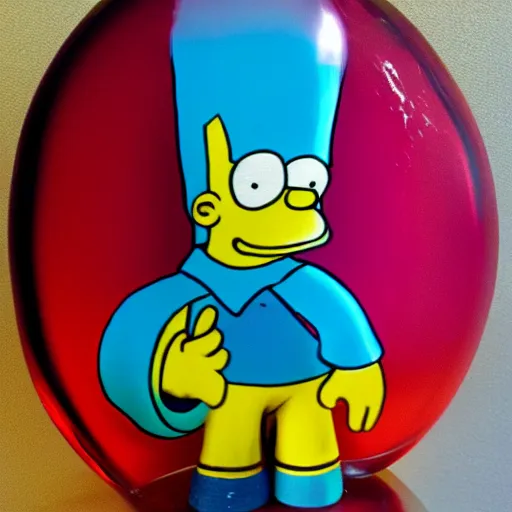 Prompt: flow painting blown glass sculpture of bart simpson