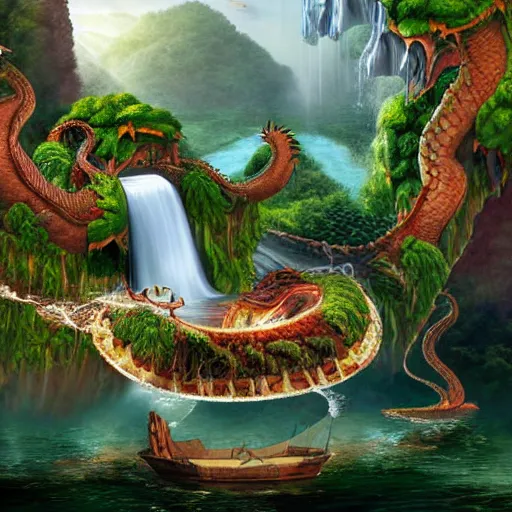 Image similar to floating islands with waterfalls and dragons, digital art, aesthetic, astonishing detail