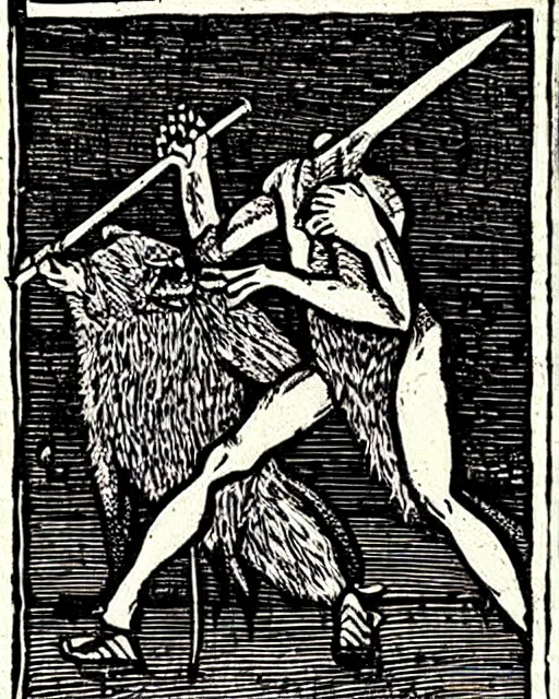 Prompt: woodcut of a lycanthrope being killed by a spear