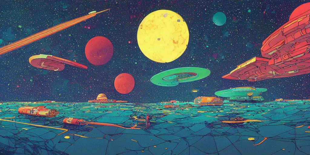 Image similar to colourful illustration of a floating space settlement. thousands of stars in the background. art by moebius. science fiction art. detailed digital painting.