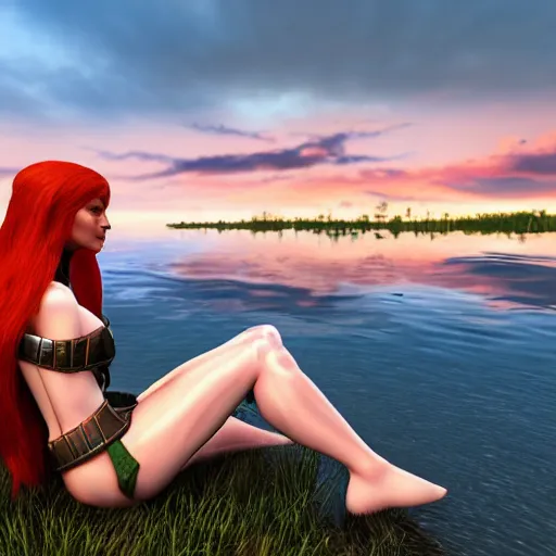 Image similar to beautiful female redhead elf warrior wearing armor, sitting next to a beautiful lake at sunset, enjoying the wind, looking at the water. 8k ultra realistic, award winning, unreal engine 5, masterpiece, atmosphere glow, hyperrealistic, focused, extreme details, cinematic