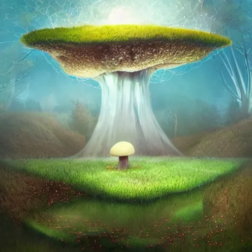 Image similar to dreamy landscape dominated by mushrooms connected by a vast mycelial network, otherworldly, beautiful, magical