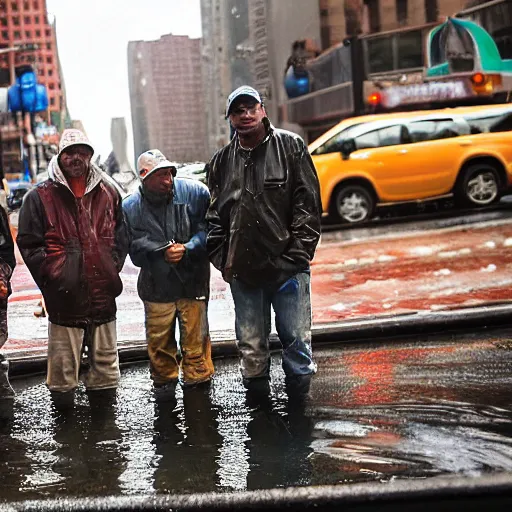 Prompt: closeup portrait of a group of fishermen trying to fish in the manholes in between car traffic in rainy new york street, by David Lazar, natural light, detailed face, CANON Eos C300, ƒ1.8, 35mm, 8K, medium-format print