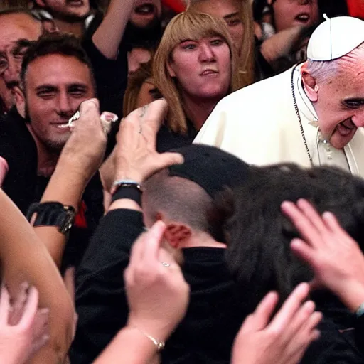 Prompt: the pope partying in a mosh pit with metallica