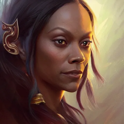 Image similar to zoe saldana, deep focus, d & d, fantasy, intricate, elegant, highly detailed, digital painting, artstation, concept art, matte, sharp focus, illustration, hearthstone, art by artgerm and greg rutkowski and alphonse mucha