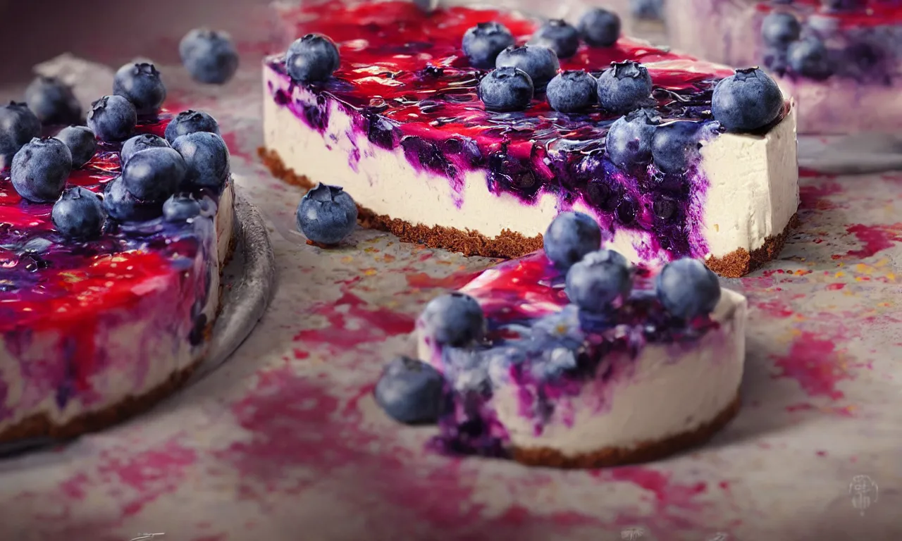 Prompt: blueberry cheesecake, vivid colors, high details, cinematic, 8k resolution, beautiful detailed, photorealistic, digital painting, artstation, concept art, smooth, sharp focus, illustration, fantasy background, artstation trending, octane render, unreal engine