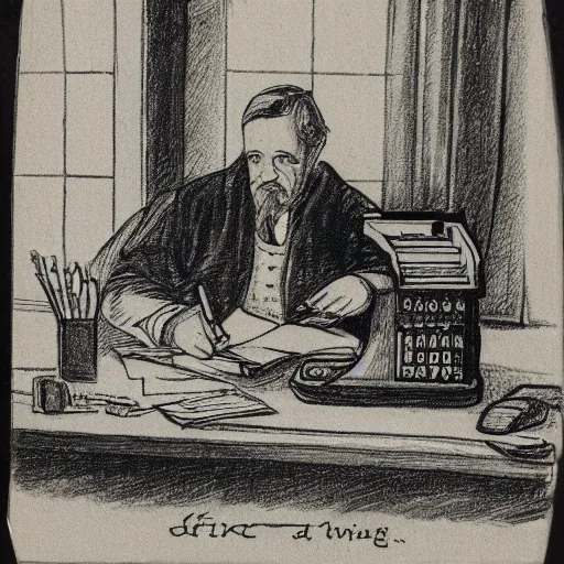 Prompt: a man sitting at a desk typing on the typewriter, old english sketch drawing