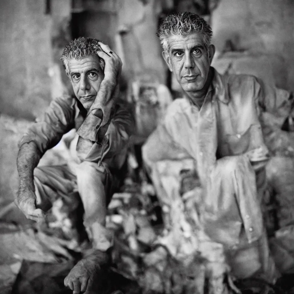 Image similar to studio portrait photo of Anthony Bourdain by Steve Mccurry, 50mm, pentax, film