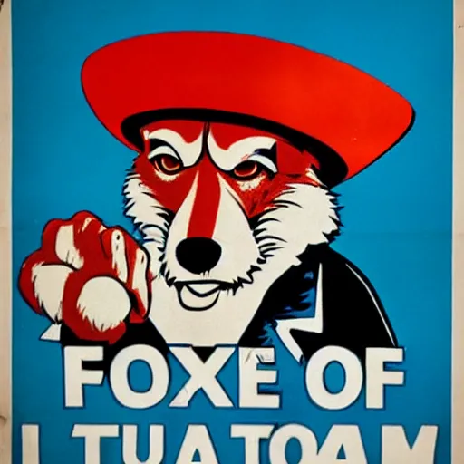 Image similar to fox animal dressed as uncle sam, ww 2 style propaganda poster