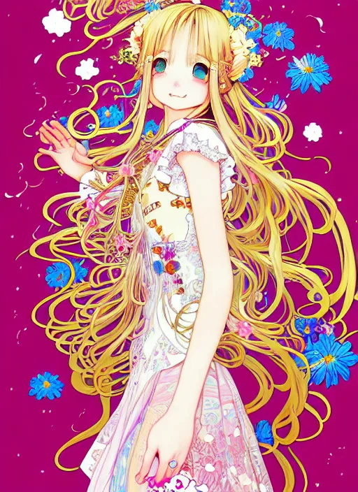 Image similar to exquisite imaginative manga poster art of a smiley girl, long wavy hair, stars, flowers, lolita dress, shimmering, by kojima ayami, shigenori soejima, minaba hideo, alphonse mucha, jump comics, shogakukan, art nouveau, illustration, artstation, highly detailed, 8 k, fluorescent, maximalist