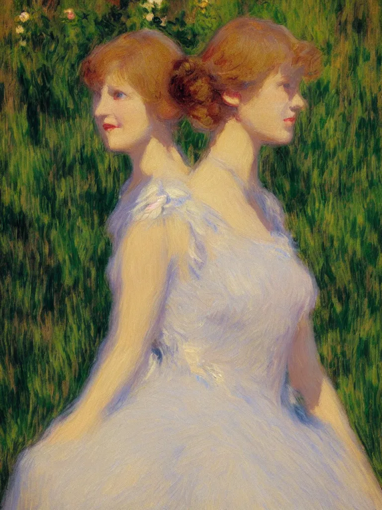 Image similar to portrait of < zelda fitzgerald > as a beautiful young lady, blurry face, fair, slim, fair, severe out of focus, depth of field, pleinairism, in the sun, backlit, closeup, oil on canvas, atr by monet, in the style of le promenade, smooth, impressionnisme, 8 k