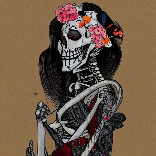 Prompt: skeleton with a geisha dress in a japanese burdel, Tending on artstation, concept art, dark colors, 8k
