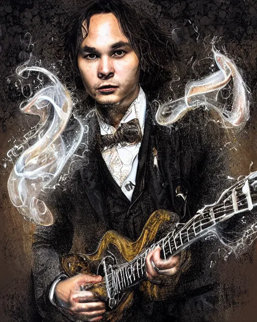 Image similar to a highly detailed portrait of Frank Dillane holding a guitar radiating a powerful energy aura, ornate black tuxedo, wispy tendrils of smoke, intricate, digital painting, old english, raining, sepia, particles floating, whimsical background by marc simonetti, artwork by liam wong