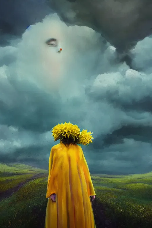 Image similar to closeup girl with huge yellow dahlia flower face, intricate, standing on mountain, surreal photography, blue storm clouds, dramatic light, impressionist painting, digital painting, artstation, simon stalenhag