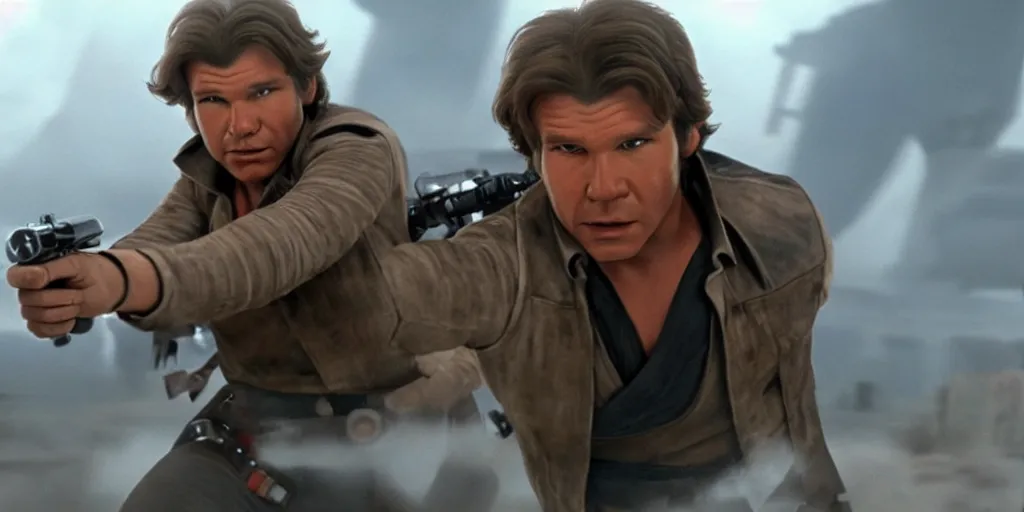 Prompt: han solo with harrison fords face 1 9 8 3, motion blur runs through massive battlefront, mcu style, explosions, fire, real life, spotted, ultra realistic face, 4 k, movie still, uhd, sharp, detailed, cinematic, render, modern, accurate face