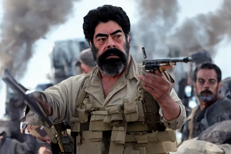 Image similar to Benicio Del Toro as Saddam Hussein in 'SadDamn Hussling 2' (2024), movie still frame, promotional image, imax 70 mm footage, oscar nominated cinematography, volumetric lighting, 8k resolution