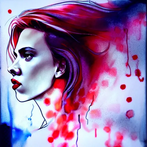 Prompt: pretty scarlett johansson black widow, symmetrical eyes, long red hair, half body, city rooftop by agnes cecile moebius bilal, very luminous design, light pastel colours, ink drips, autumn lights