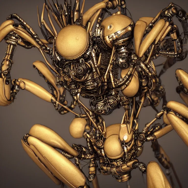 Image similar to a close up of an beautiful steampunk robotic spider inspired, unreal engine realistic render, high detailed face, photorealism, golden ratio, hyper - realistic 3 d, insanely super detailed, realistic octane render, 1 6 k, fashion photography, micro detail, backlit lighting, face in focus, subsurface scattering, thin porcelain
