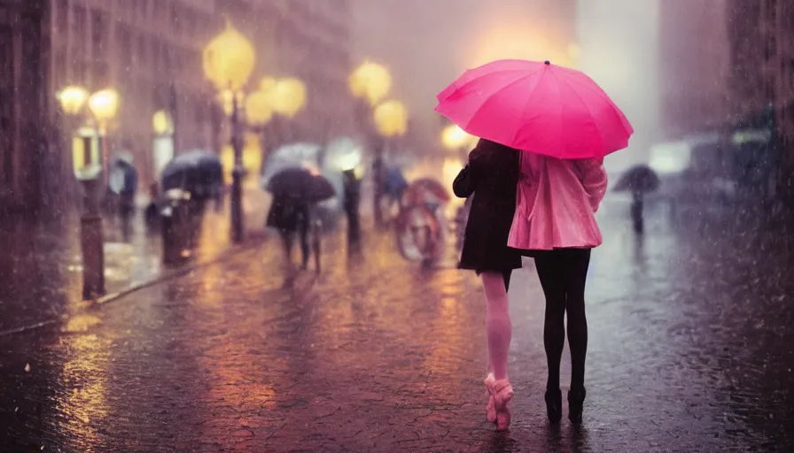 Prompt: street of paris photography, night, rain, mist, a prima ballerina with pink hair, umbrella pink, cinestill 8 0 0 t, in the style of william eggleston